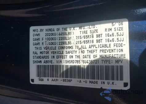 2006 Honda Cr-V Lx z USA, uszkodzony, nr VIN SHSRD78576U435721